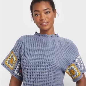 Universal Thread Granny Square Crochet Short Sleeve Sweater SZ M Purple